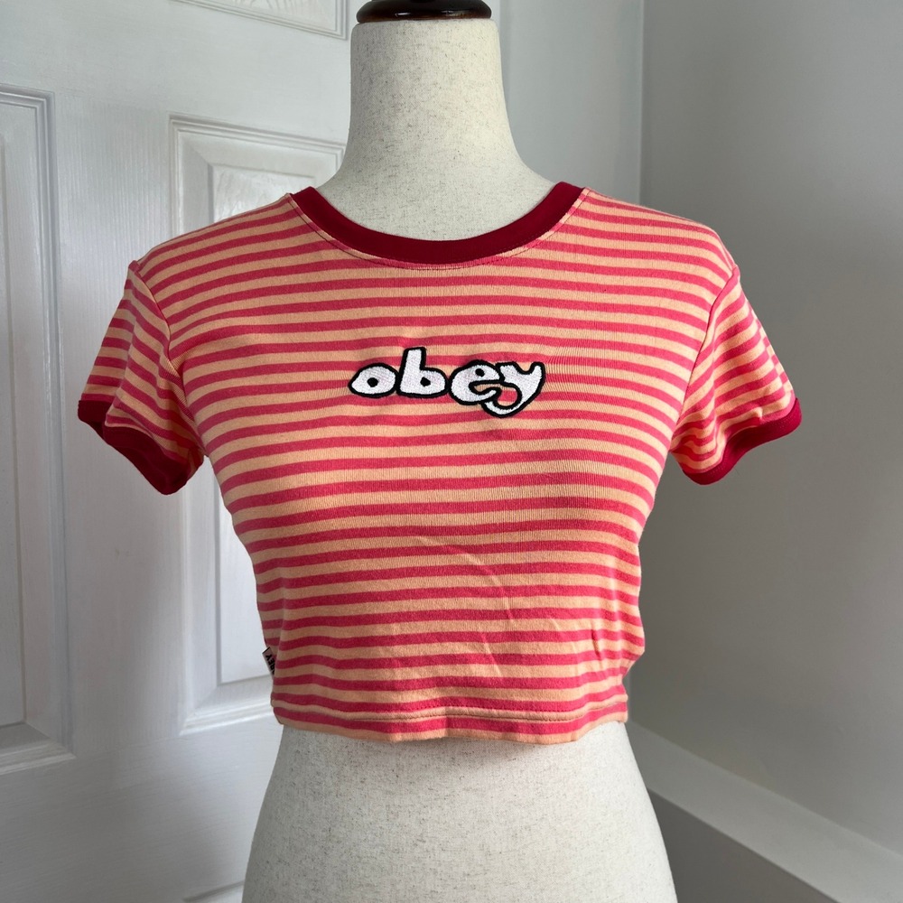 OBEY Womens S Pink Peach Striped Embroidered Logo Crop Baby Tee Shirt y2k Skater